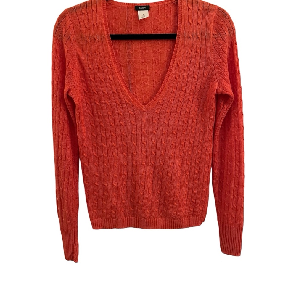 J. Crew Coral/Orange V-Neck Cable Knit Linen Sweater Size Small